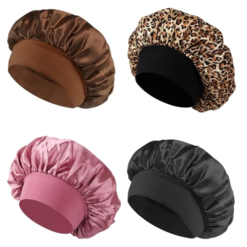 HTTDSLF 4 Stück Satin Haarhaube, Schlafhaube Seide, Seidenhaube Zum Schlafen, Schlafmütze Satin Bonnet, Nacht Schlaf Haube Satin Bonnets für Damen und Mädchen von HTTDSLF
