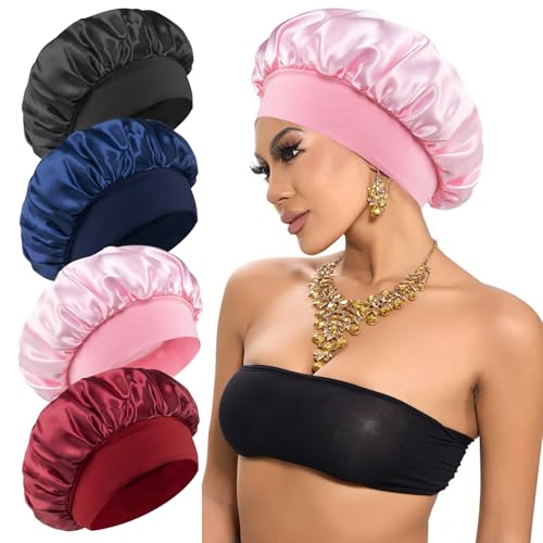 HTTDSLF 4 Stück Satin Haarhaube, Schlafmütze Satin Bonnet, Schlafhaube Seide, Seidenhaube Zum Schlafen, Nacht Schlaf Haube Satins Bonnets für Damen und Mädchen von HTTDSLF