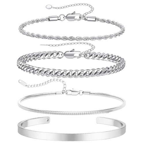 HTTDSLF 4 Stück Silber Armband Herren, Edelstahl Armbänder Herren Herrenschmuck Geschenke für Papa Freund Ehemann Sohn von HTTDSLF