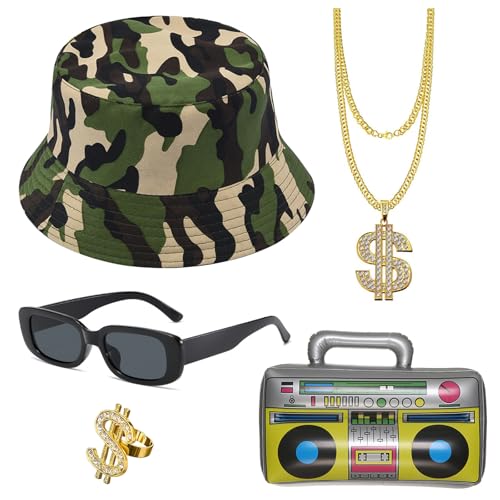 HTTDSLF 5 Stück Hip Hop Kostüm Set, Zuhälter Kostüm Herren, 80er 90er Jahre Outfit Herren Hip Hop Kostüme, Rapper Zubehör mit Dollar Halskette Goldring Sonnenbrille Aufblasbare Boombox von HTTDSLF
