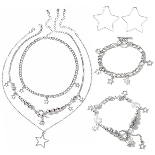 HTTDSLF 5 Stück Silberne Stern-Halskette, Damen-Ohrstecker Halskette, Y2K-Schmuckset, Kawaii niedliche Halsketten Ästhetischer Vintage Emo Schmuck von HTTDSLF