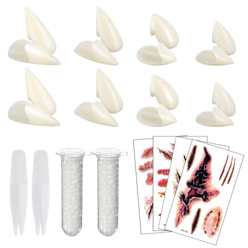 HTTDSLF 8 Paar Vampir Zähne, Vampirzähne Kinder Erwachsene (13 mm, 15 mm, 17 mm, 19 mm) mit Pellets Kleber & Narben-Tattoo, Vampire Fangs für Cosplay Party Requisiten Halloween Party von HTTDSLF