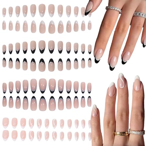 HTTDSLF 96 Stück French Press on Nails, Französische Weiß Falsche Nägel, French Nails Medium Almond, Oval Fingernägel Fake Nails Kurz, für Frauen Mädchen Nail Art von HTTDSLF