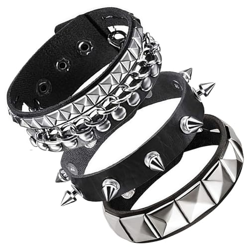 HTTDSLF Punk Armband - Schwarzes Nietenarmband aus Leder mit Kettendetails, Punk Rock Armband, Verstellbarer Gothic Steampunk Schmuck für Herren & Frauen, Goth Emo Rock Festival Accessoires, 20-22cm HTTDSLF Punk Armband - Schwarzes Nietenarmband aus Leder mit Kettendetails, Punk Rock Armband, Verstellbarer Gothic Steampunk Schmuck für Herren & Frauen, Goth Emo Rock Festival Accessoires, 20-22cm von HTTDSLF