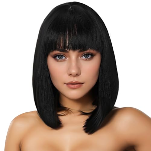 HTTDSLF Schwarz Blonde Bob, Kurze Schwarz Bob Perücke mit Pony, Synthetische Perücke für Frauen, Perücken Cosplay Kostüm Charmante Perücke für Tägliche Karneval Fasching Halloween von HTTDSLF