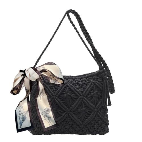 HTTDSLF Sommer Strandtasche Damen Umhängetasche Häkeltaschen, Strohtasche für Frauen, Strohtasche Damen Stroh Umhängetasche Vintage Strandtasche mit Quaste, für Damen Mädchen von HTTDSLF