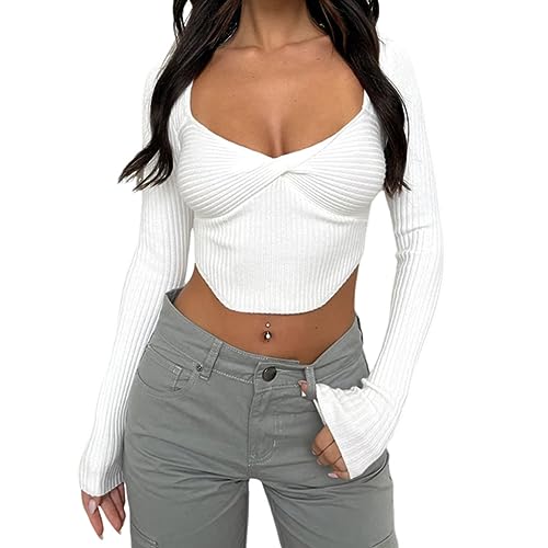 HTTOAR Damen Langarm T-Shirt mit stilvollem figurbetontem Rippdesign - Modisches Oberteil, Slim Fit mit Langen Ärmeln für Frauen - Sexy Bauchfrei Shirt aus Rippstoff (Large, weiß) von HTTOAR