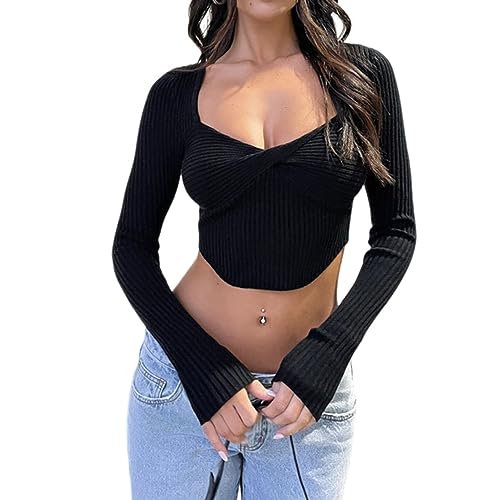 HTTOAR Damen Langarm T-Shirt mit stilvollem figurbetontem Rippdesign - Modisches Oberteil, Slim Fit mit Langen Ärmeln für Frauen - Sexy Bauchfrei Shirt aus Rippstoff (Medium, schwarz) von HTTOAR