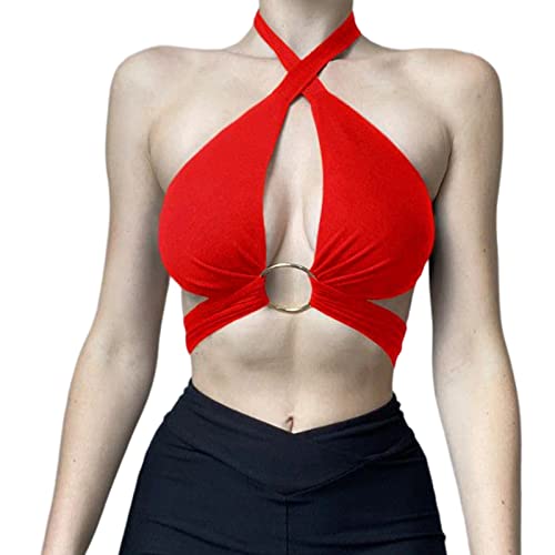 HTTOAR Damen Langarm aushöhlen Crop Top Tank Top Verschiedene Trageweisen mit Metallring Rot L von HTTOAR