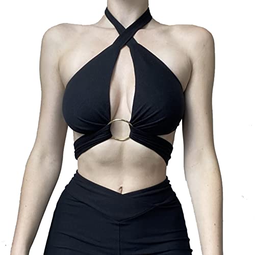 HTTOAR Frauen Sexy Neckholder Criss Cross Wrap Weste Cut Out Ärmellos Einfarbig Crop Tops Tank Top Verschiedene Tragemethoden mit Metallring (Medium, Schwarz) von HTTOAR