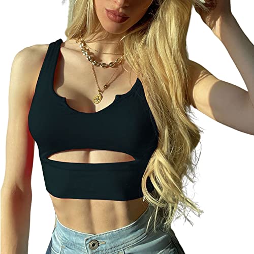 HTTOAR Frauen Sexy Weste Ärmellose Crop Tops Hohler U-Ausschnitt Slim Fit Casual Crop Tank Top (Large, Schwarz) von HTTOAR