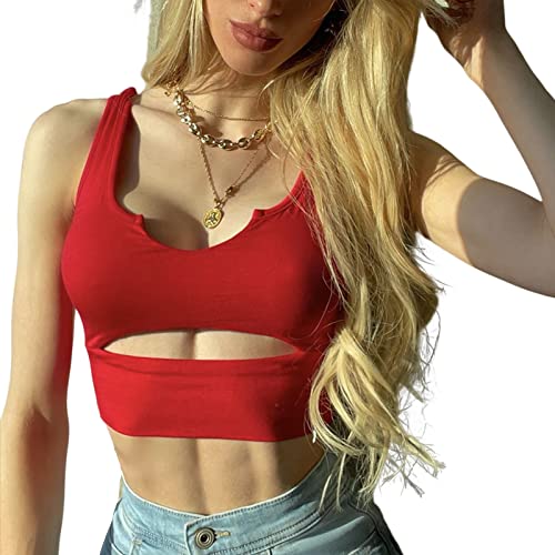 HTTOAR Frauen Sexy Weste Ärmellose Crop Tops Hohler U-Ausschnitt Slim Fit Casual Crop Tank Top (Large, rot) von HTTOAR