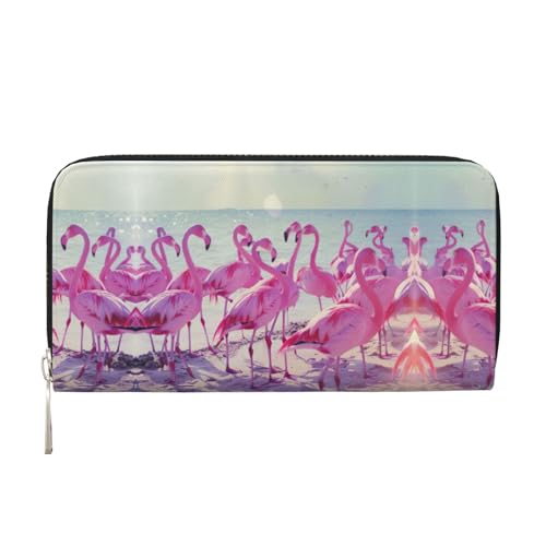 HTTUP Flock of Pink Flamingos on the Beach Print Casual Clutch Purse Hand Wallet for Women Capacity Wallet Stylish Travel-Friendly, Schwarz, Einheitsgröße, Kunst von HTTUP