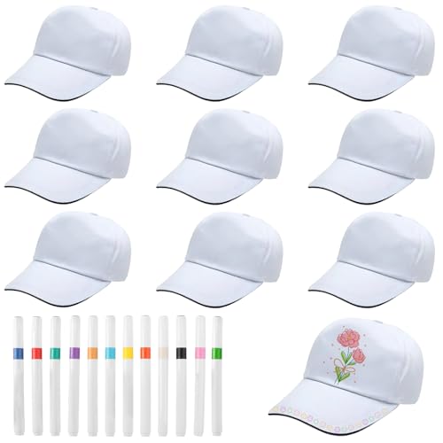 HTTYHT DIY Baseballkappe Weiß 10 Stück Baumwolle Kinder Kappen zum Bemalen Baseball Caps Sport Baseballmützen mit 12 Stück Aquarellstiften Graffiti Kappe Bastelset für Geschenkideen Jungen Mädchen von HTTYHT