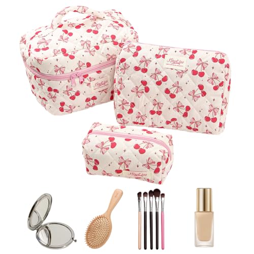 3pcs Frauen Baumwolle gestepptes Make -up -Tasche mit Reisetacktasche (Cherry Big Bow) von HTU