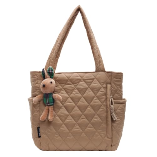 Frauen gesteppte Diamantgitterhandtasche große Kapazität Mode Umhängetasche mit niedlichen Anhängern gepolstert Einkaufsbetrieb for den Herbst Winter von HTU