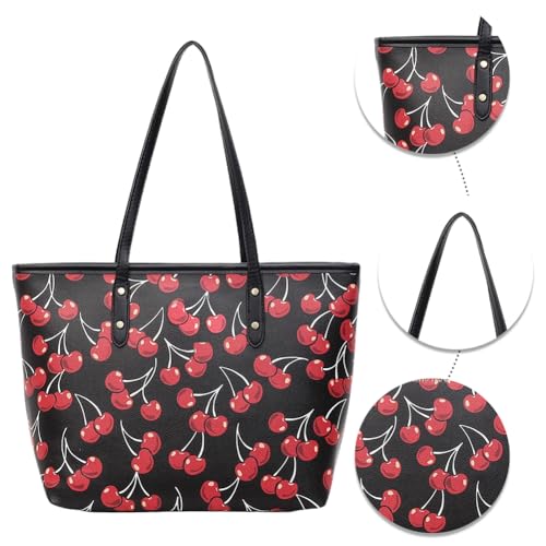 HTU Frauen Leder Obst -Umhängetasche Großer Einkaufstasche Top Grifftasche (schwarze Kirsche) von HTU