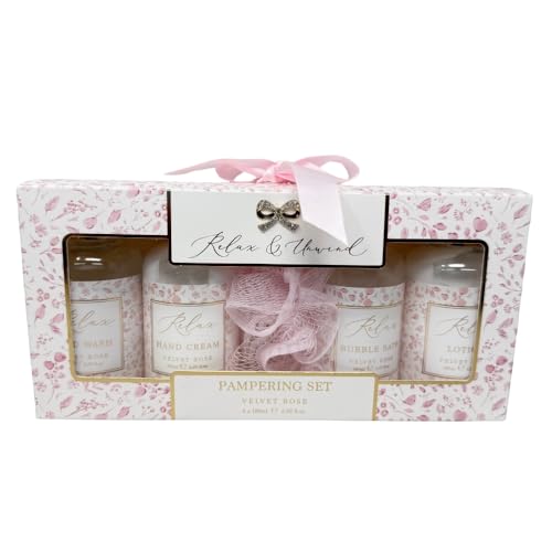 Relax & Unwind Velvet Rose Spa Geschenkset - 3 Verwöhnstile - Bad & Körper Geschenkset mit Duschgel, Lotion, Handcreme & Puff - Geburtstage, Muttertag & Weihnachten HTUK (Verwöhnset) von HTUK