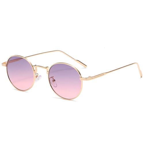 HTXONB Modische Sonnenbrille mit Schutz für Damen, Metallrahmen, runde Sonnenbrille, UV400, für Reisen und Strand, Gold, Rosa, Grau, 146 x 141 x 45 mm von HTXONB