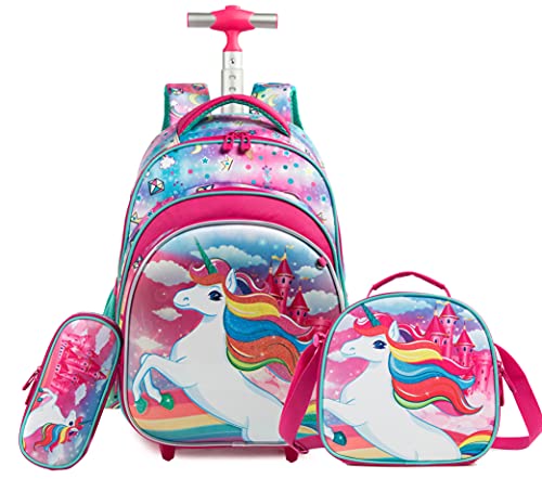 HTgroce Einhorn Mädchen Rollrucksack,Rucksack mit Rädern für Mädchen Kinder Grundschüler,Trolley Schultaschen Wasserabweisendes Reisegepäck mit Rädern Lunchbag und Federmäppchen von HTgroce