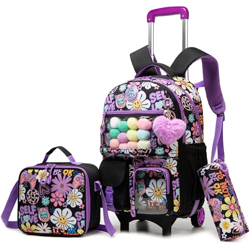 HTgroce 3pcs Kinder Trolley Rucksack Schultasche Schulranzen Mädchen schultrolleys Schulrucksack Reisegepäck School Bag Trolley von HTgroce
