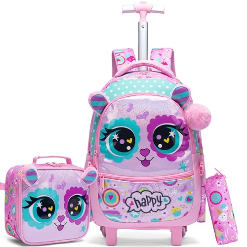 HTgroce 3pcs Schulranzen Mit Rollen Schulranzen Trolley Mädchen Rucksack Mit Rollen Rollrucksack Kinder Mädchen Rolling Backpack von HTgroce