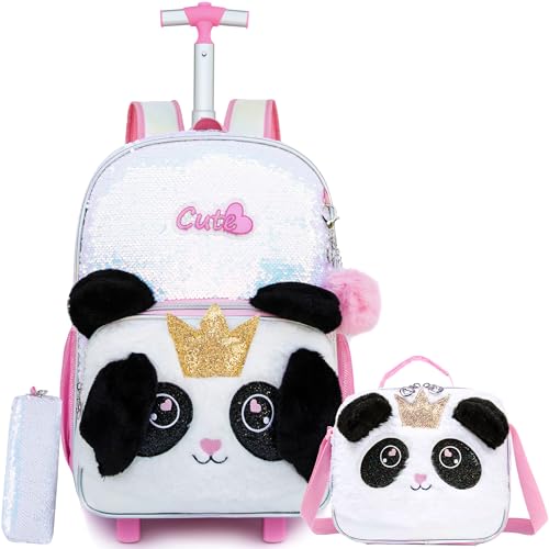 HTgroce 3pcs Set Kinder Trolley Rucksack Panda Schultasche Schulranzen Mädchen schultrolleys Schulrucksack Kinderkoffer Rolling Backpack Reisegepäck 6 Jahre von HTgroce