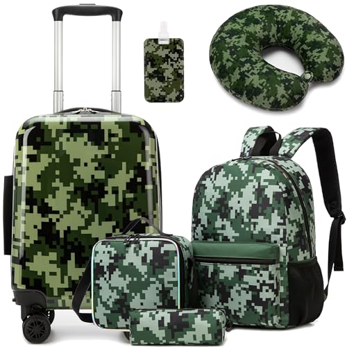 HTgroce 5tlg Kinder kabinentrolley Set, Kinder Reisekoffer mit Rucksack, Nackenkissen, Lunchtasche, Federtasche & Kofferanhänger, Reisetrolley mit Rollen für Kinder Hartschalenkoffer für Jungen HTgroce 5tlg Kinder kabinentrolley Set, Kinder Reisekoffer mit Rucksack, Nackenkissen, Lunchtasche, Federtasche & Kofferanhänger, Reisetrolley mit Rollen für Kinder Hartschalenkoffer für Jungen von HTgroce
