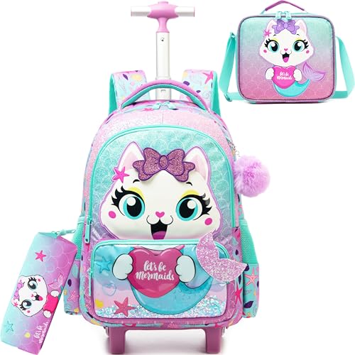 HTgroce Kinder-Rollrucksack mit Rollen für elementare Mädchen, Jungen, Reisegepäck, Handgepäck-Rucksack, 01 Meerjungfrau Katze von HTgroce
