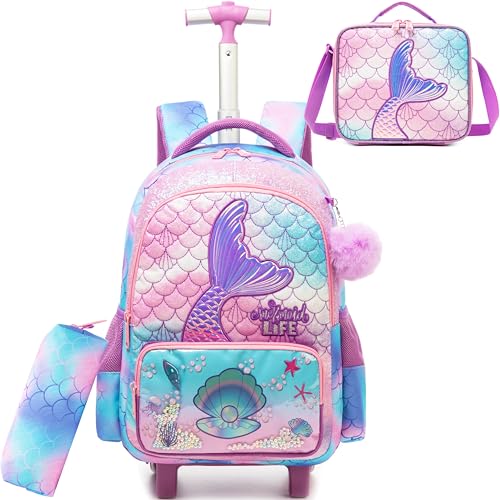 HTgroce Kinder-Rollrucksack mit Rollen für elementare Mädchen, Jungen, Reisegepäck, Handgepäck-Rucksack, 01 Meerjungfrau von HTgroce