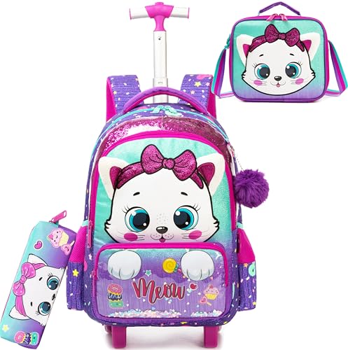 HTgroce Kinder-Rollrucksack mit Rollen für elementare Mädchen, Jungen, Reisegepäck, Handgepäck-Rucksack, 01 Purple Cat von HTgroce