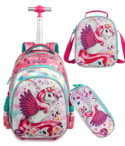 HTgroce 17inch Trolley Rucksack mit Rollen für Kinder Mädchen mit 2 Rollen für Schulrucksäcke Kinder mit Essensbeutel und Federmäppchen- Süße Geschenke für Mädchen. von HTgroce