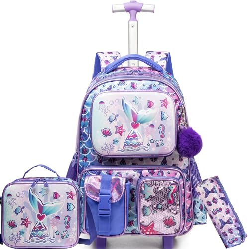 HTgroce Kinder Trolley Rucksack Meerjungfrau Schultasche Schulranzen Mädchen schultrolleys Schulrucksack Kinderkoffer ab 7 Jahren von HTgroce