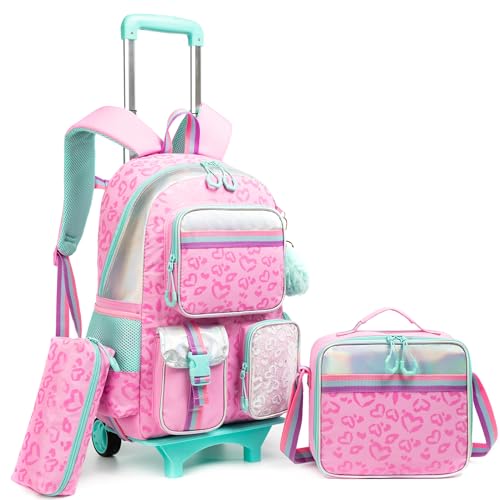 HTgroce Kinder Trolley Rucksack Schultasche Schulranzen Mädchen schultrolleys Schulrucksack Kinderkoffer Rolling Reisegepäck Mehrfachtaschen Girls Trolley Backpack Suitcase von HTgroce