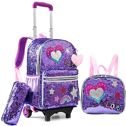 HTgroce Lila Liebe Trolley Rucksack mit Rollen, Federmäppchen, Lunch Tasche 3 in 1 Pailletten Rolling Schulranzen für Mädchen, Schultaschen-Sets Ideal für Kinder Schüler der Klassen 2-6 von HTgroce