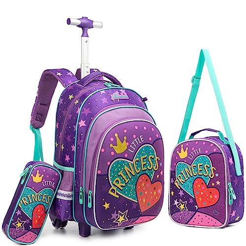 HTgroce Lila Schulranzen Rucksack Trolley mit 2 Rollen für Kinder Mädchen,Schulranzen mit Rollen für Mädchen,Kinder Schultrolley Geeignet für Schule und Reise,Mit Essensbeutel und Federmäppchen. von HTgroce