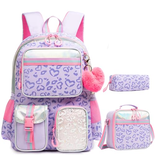 HTgroce Lila Schultaschen Mädchen, School Backpack for Girls, Vorschulrucksack Mädchen Schulrucksack Mädchen Schulranzen 3pc von HTgroce
