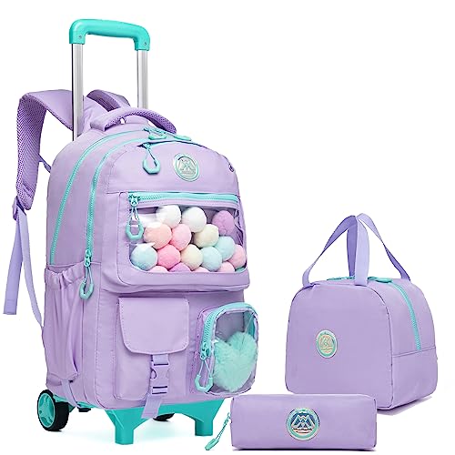 HTgroce Lila Süßer Kinder Trolley Rucksack Schultasche Schulranzen Mädchen schultrolleys Schulrucksack Kinderkoffer Rolling Backpack for Girls von HTgroce