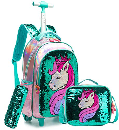 HTgroce Magische Pailletten Einhorn Schulranzen Rucksack Trolley mit 2 Rollen für Kinder Mädchen,Nylon,Kinder Schultrolley Geeignet für Schule und Reise,Mit Essensbeutel und Federmäppchen,Grün von HTgroce