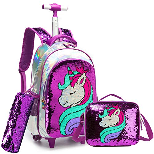 HTgroce Magische Pailletten Einhorn Schulranzen Rucksack Trolley mit 2 Rollen für Kinder Mädchen,Nylon,Kinder Schultrolley Geeignet für Schule und Reise,Mit Essensbeutel und Federmäppchen,Lila von HTgroce