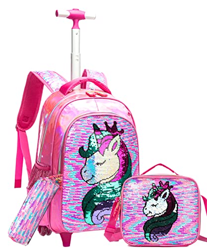 HTgroce Magische Pailletten Einhorn Schulranzen Rucksack Trolley mit 2 Rollen für Kinder Mädchen,Nylon,Kinder Schultrolley Geeignet für Schule und Reise,Mit Essensbeutel und Federmäppchen,Pink von HTgroce