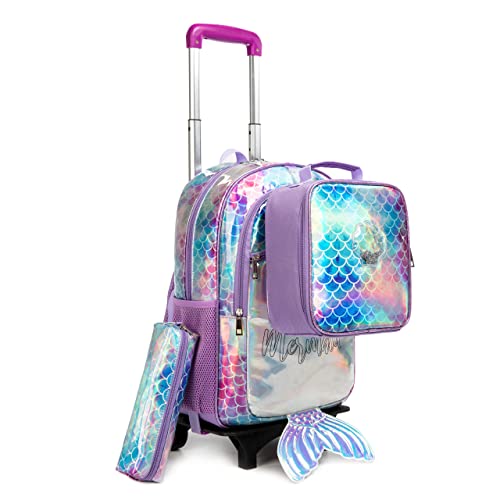 HTgroce Meerjungfrau Rucksack Mädchen, Rucksäcke Mädchen Schultaschen Trolley, Schulranzen Mit Rollen, Grundschule Trolley Rucksack mit Lunchtasche Federmäppchen von HTgroce