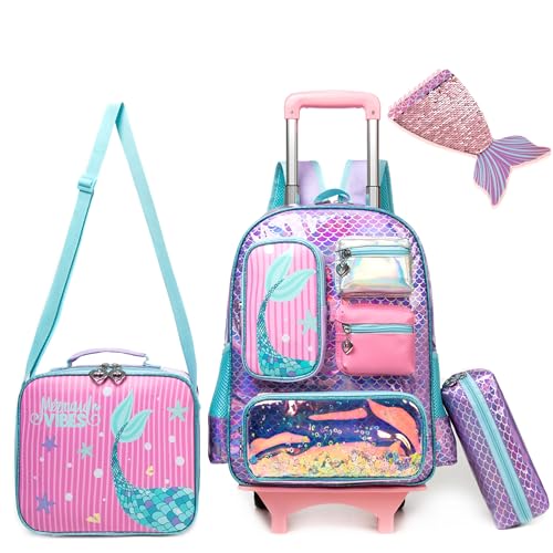 HTgroce Meerjungfrau Rucksack Mädchen, Rucksäcke Mädchen Schultaschen Trolley, Schulranzen Mit Rollen, School Trolley Bag von HTgroce