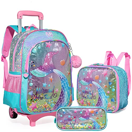 HTgroce Meerjungfrau Schulranzen Trolley Mädchen Kindertrolley Niedlich Rucksack 2 in 1 Kinderkoffer Rucksack von HTgroce