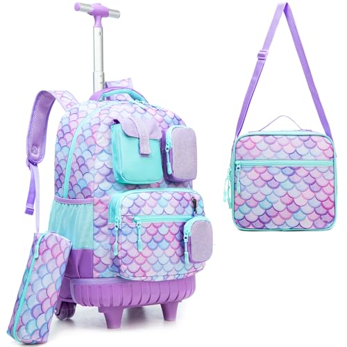 HTgroce Meerjungfrau Trolley Rucksack Mädchen Schulranzen Trolley Mädchen 7 Jahren Rolling Backpack Girls School Bag Trolley von HTgroce