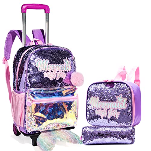 HTgroce Meerjungfrau Trolley Rucksack mit Rollen, Federmäppchen, Lunch Tasche 3 in 1 Rolling Schulranzen für Mädchen, Schultaschen-Sets Ideal für Kinder Schüler der 1 Klassen von HTgroce