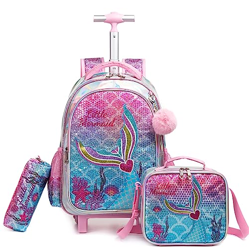 HTgroce Meerjungfrauen Kinder Trolley Rucksack Schulranzen mit Rollen Rolling Schultasche für Mädchen Schüler Kindergepäck Reisegepäck Kindertrolley Reisekoffer Schulranzen Trolley Mädchen von HTgroce