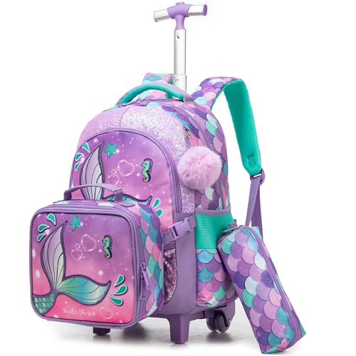 HTgroce Meerjungfrauen Kinder Trolley Rucksack Schulranzen mit Rollen Schultasche für Mädchen Schüler Kindergepäck Reisegepäck Kindertrolley Reisekoffer Schulranzen Trolley Mädchen 6 jahre von HTgroce