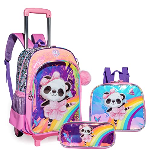 HTgroce Panda Rucksäcke Mädchen Schultaschen Trolley, Grundschule Trolley Rucksack mit Lunchtasche Federmäppchen 3 in 1 Schultaschen-Sets Ideal für Kinder Schüler der Klassen 2-6 von HTgroce