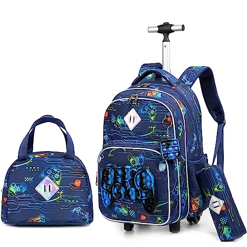 HTgroce Pop it Schulranzen mit Rollen, Rucksack mit Trolley für Kinder, ab 1. Klasse, für Schule, Reisen von HTgroce